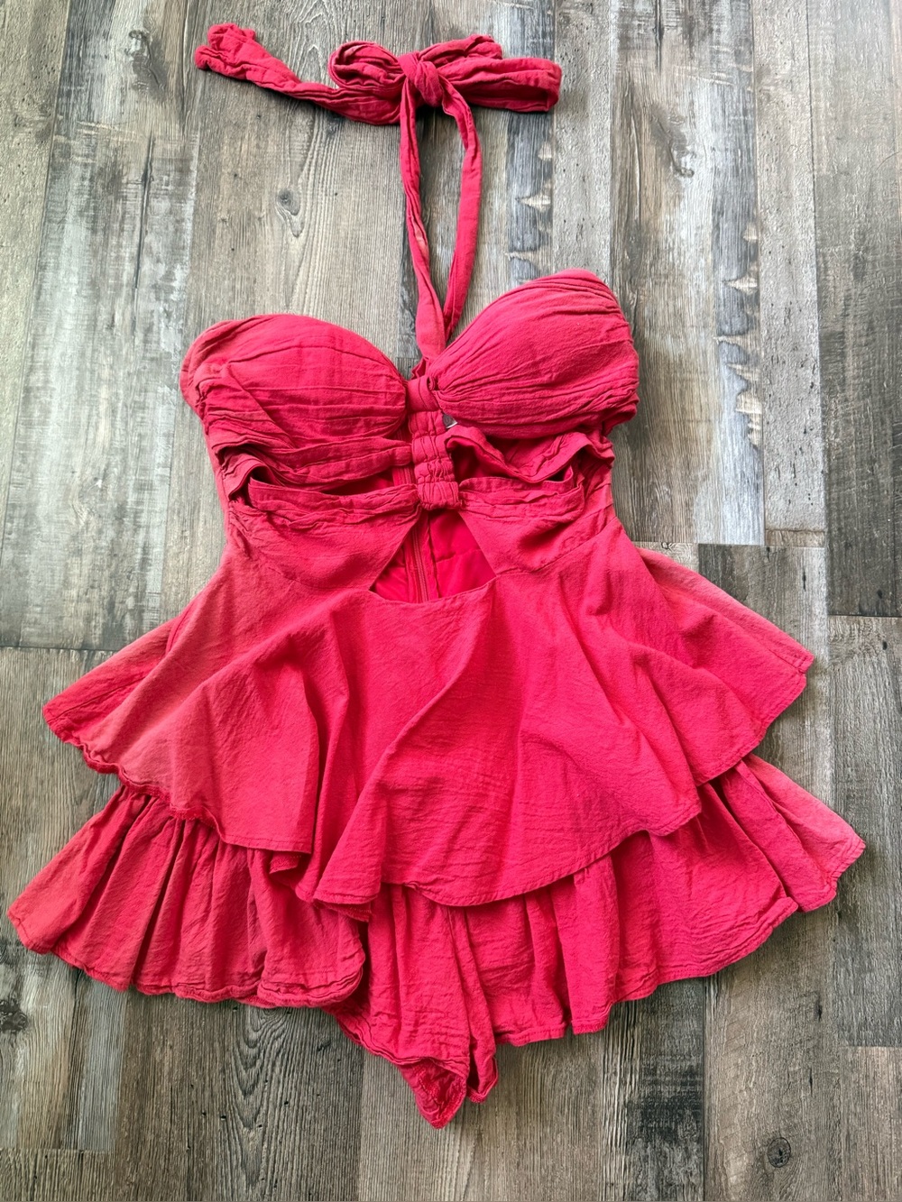 Distressed Red Ruffle Romper with Cutouts